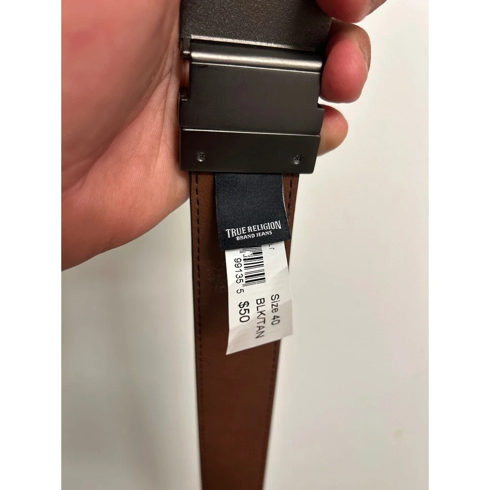 True Religion Mens Reversible Belt Black Tan Matte Logo Plaque Buckle Size 40